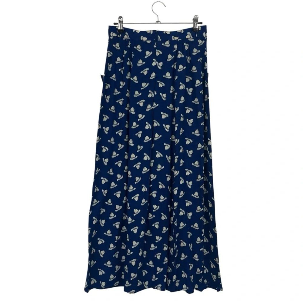 Eileen West Navy Blue A-Line Skirt with Cream Leaf Print - Picture 8 of 9